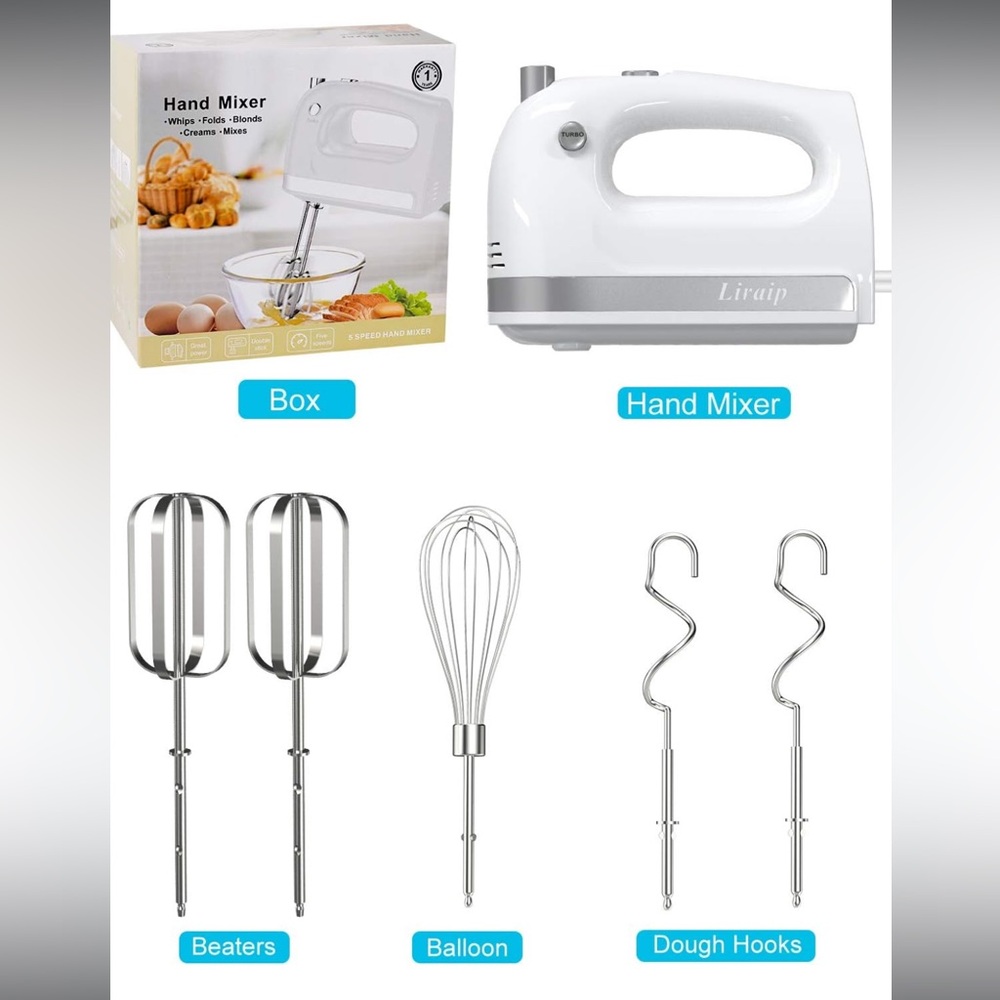Liraip Electric Hand Mixer 5 Speed 400W Turbo with 5 Stainless Steel Accessories - Picture 6 of 7